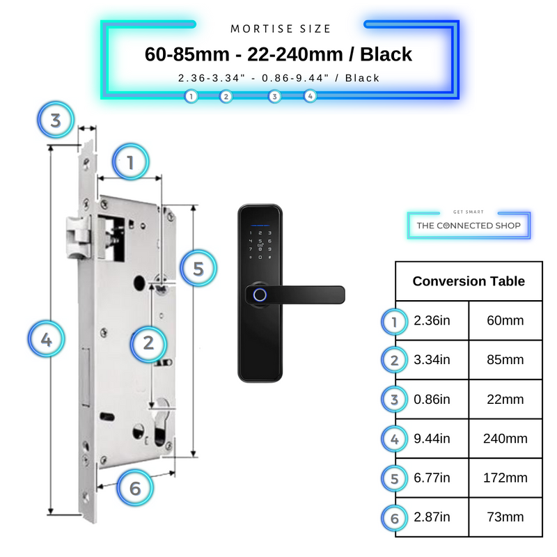 Smart Door Lock Black Mortise Size 60mm 85mm 22mm 240mm