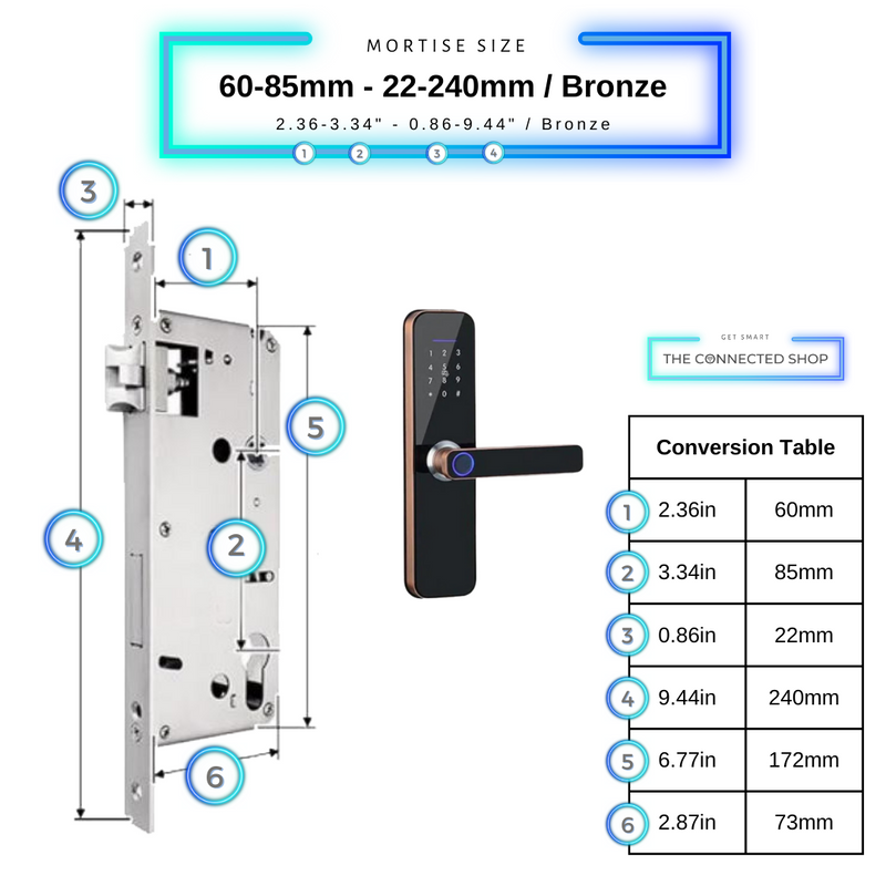 Smart Door Lock Bronze Mortise Size 60mm 85mm 22mm 240mm
