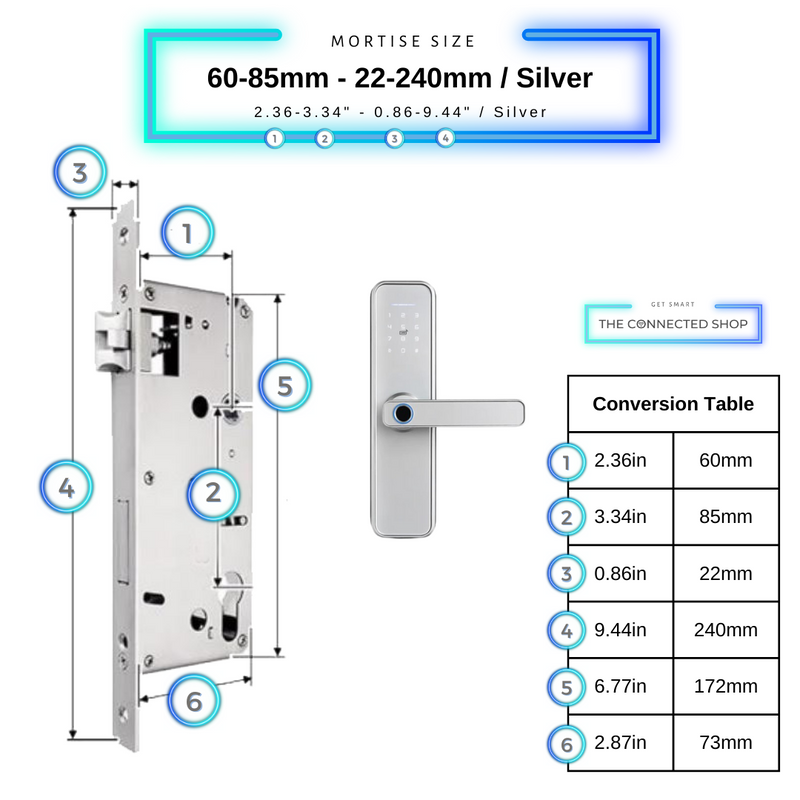 Smart Door Lock Silver Mortise Size 60mm 85mm 22mm 240mm