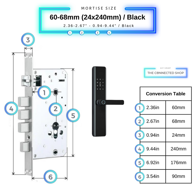 Smart Door Lock Thick 60-68mm 24-240mm Black