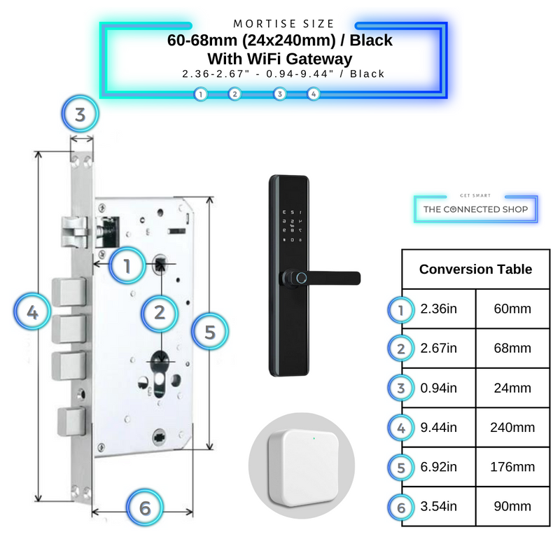 Smart Door Lock Thick 60-68mm 24-240mm Black with Gateway