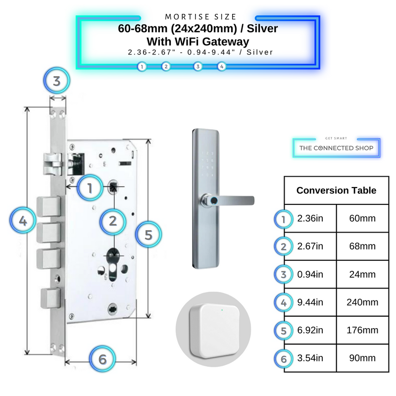 Smart Door Lock Thick 60-68mm 24-240mm Silver with Gateway