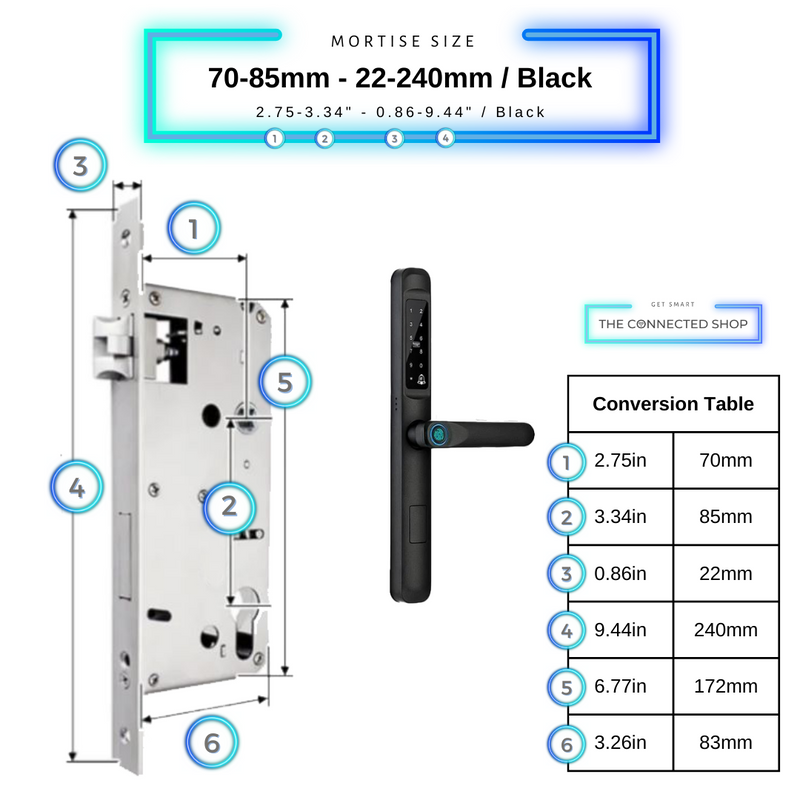 Smart Door Lock Slim Black Mortise Size 70mm 85mm 22mm 240mm