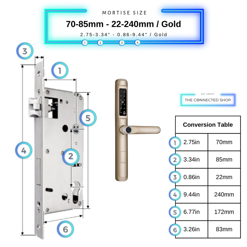 Smart Door Lock Slim Gold Mortise Size 70mm 85mm 22mm 240mm