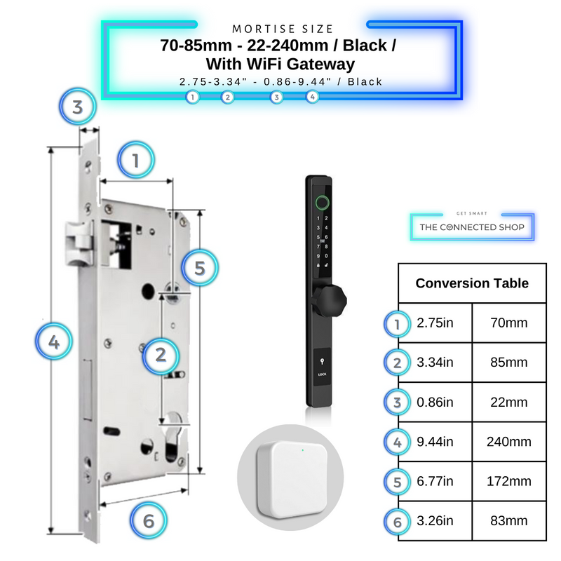 Smart Door Lock Thin 70-85mm-22-240mm_Blackw_WiFiGateway