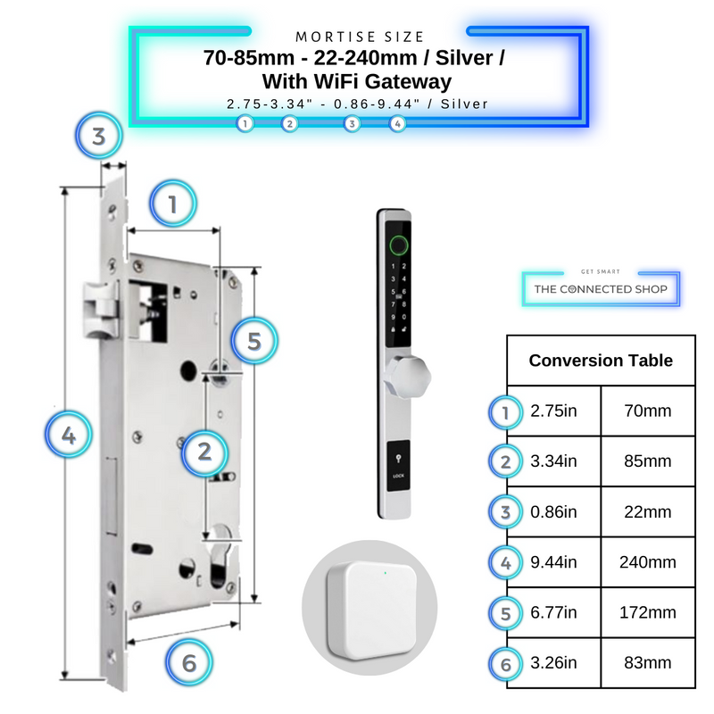 Smart Door Lock Thin 70-85mm-22-240mm_Silverw_WiFiGateway
