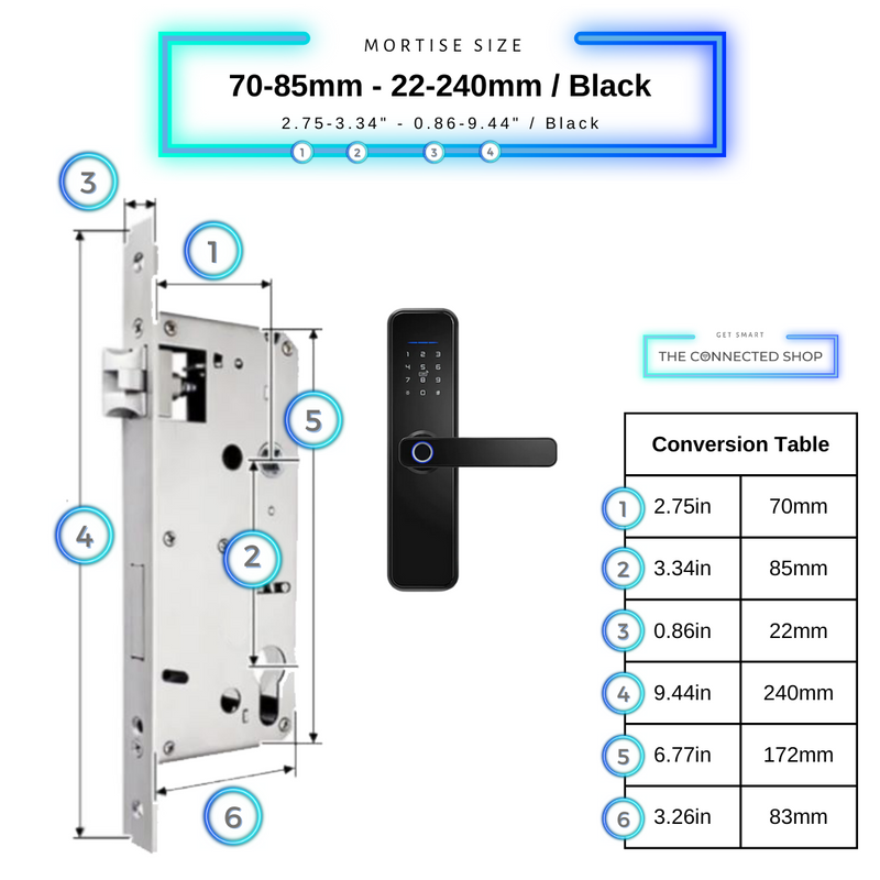 Smart Door Lock Black Mortise Size 70mm 85mm 22mm 240mm