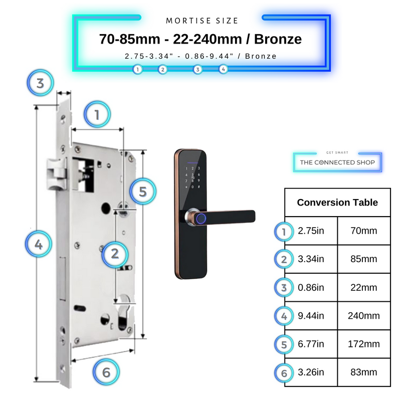 Smart Door Lock Bronze Mortise Size 70mm 85mm 22mm 240mm