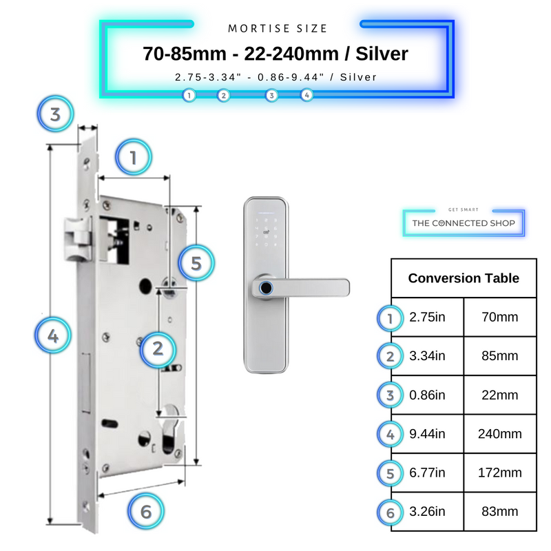 Smart Door Lock Silver Mortise Size 70mm 85mm 22mm 240mm