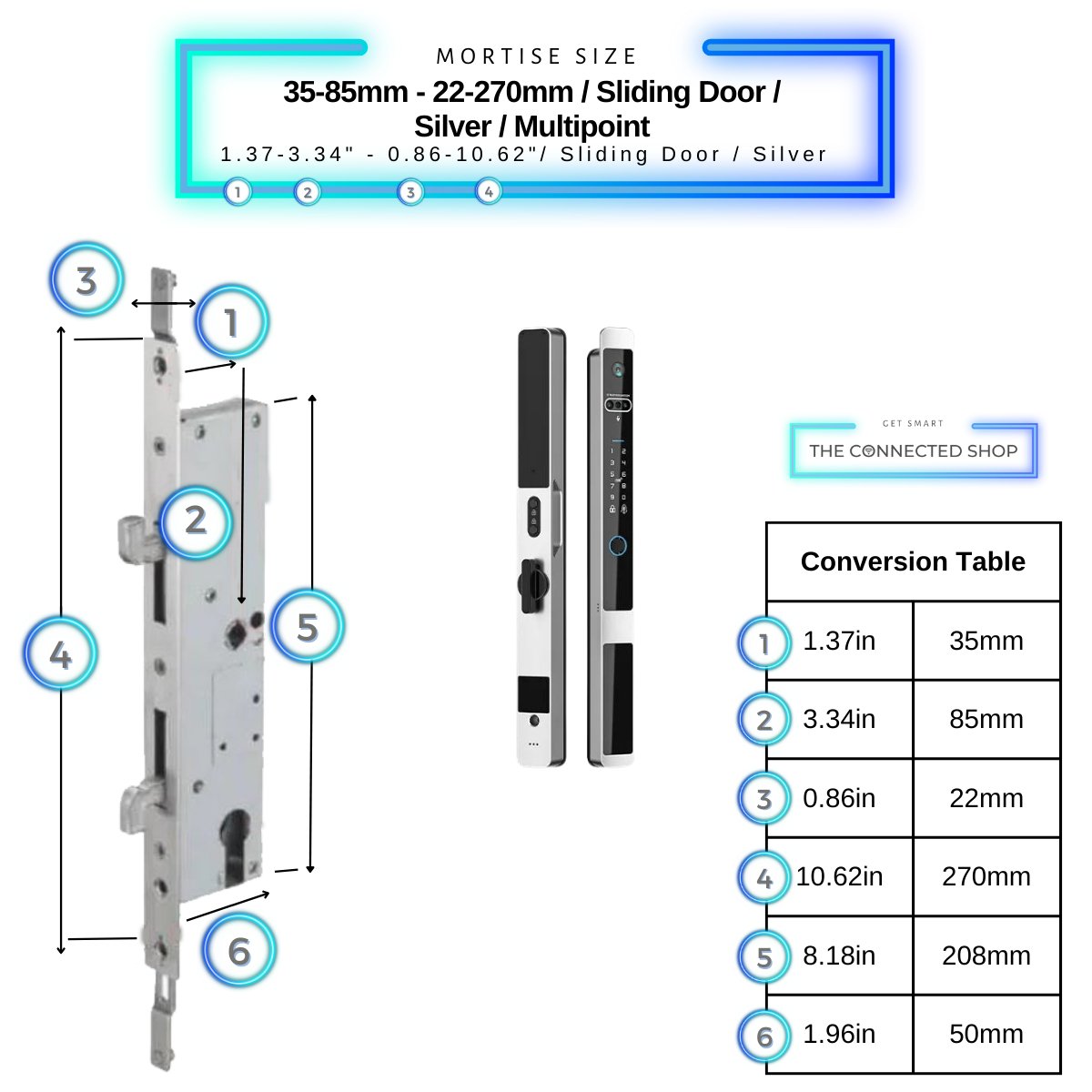 Auto Lock Smart Door Lock - Silver - 35-85mm (22x270mm) Sliding Door Multipoint -