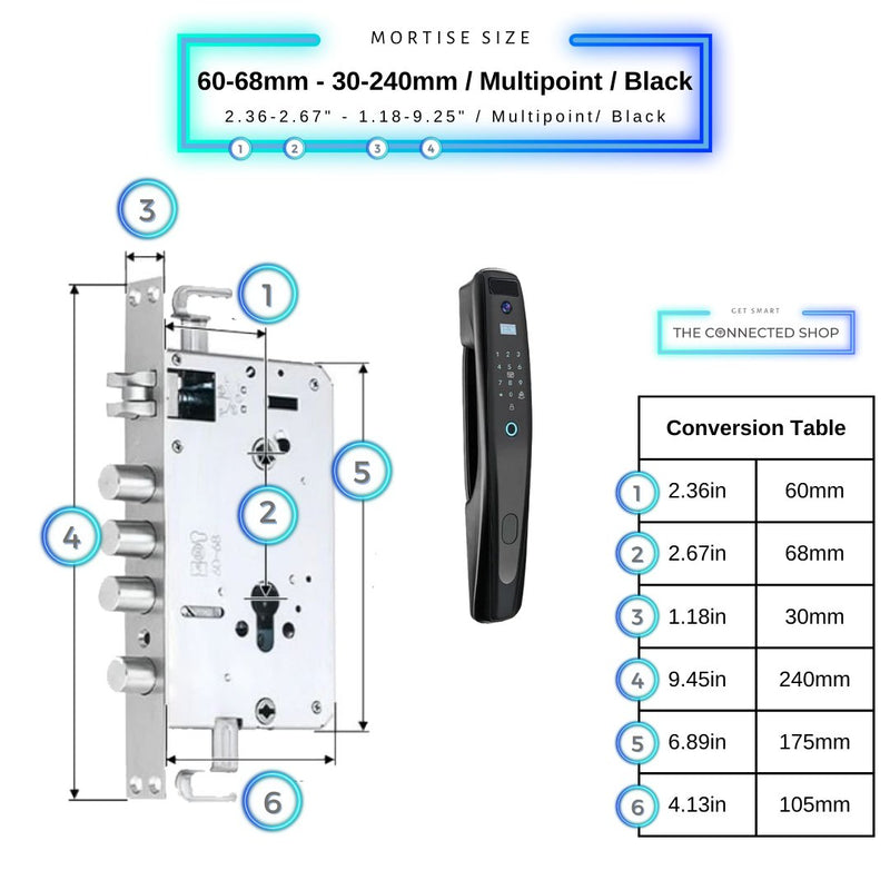 Face Recognition Smart Door Lock - Black - 60-68mm (30x240mm) Multipoint -