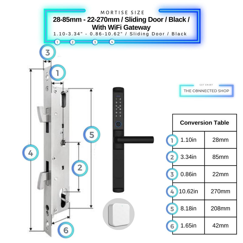 Sliding Door Smart Lock - 28-85mm (22x270mm) Sliding Door - Black - With Gateway