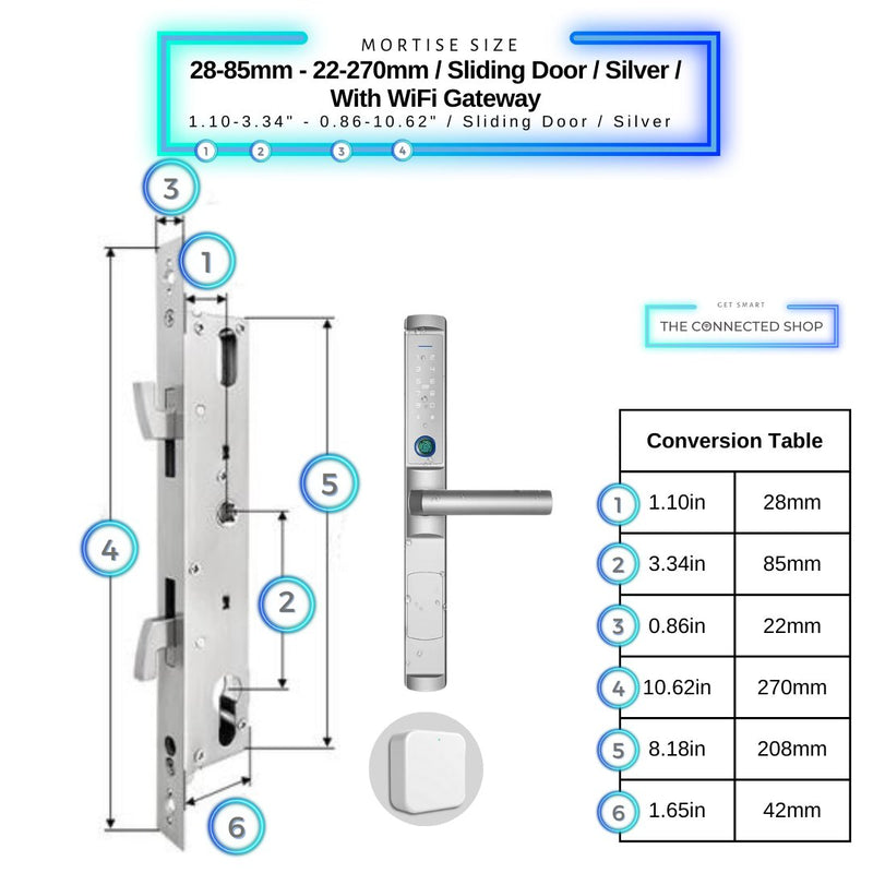 Sliding Door Smart Lock - 28-85mm (22x270mm) Sliding Door - Silver - With Gateway