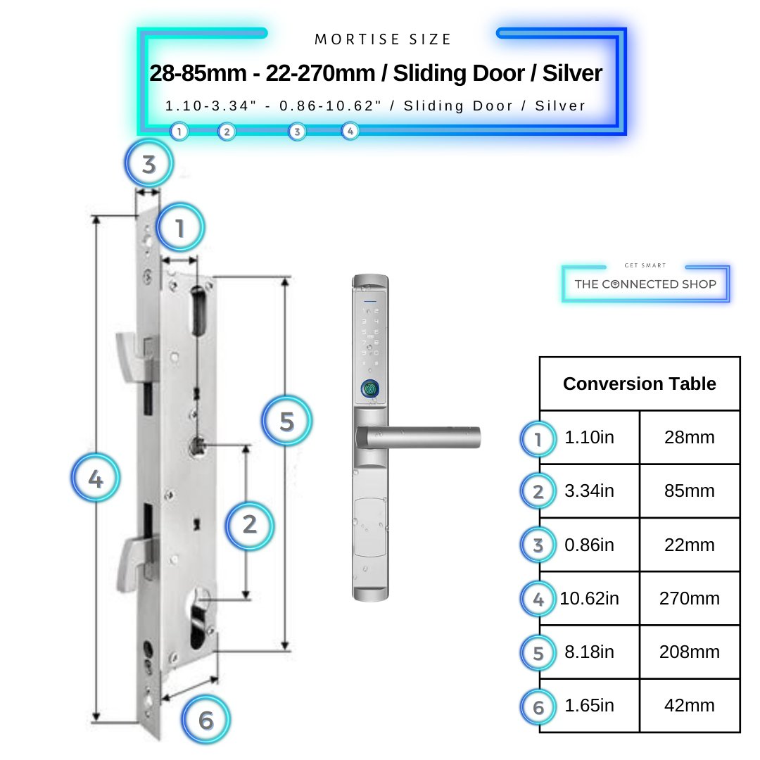 Sliding Door Smart Lock - 28-85mm (22x270mm) Sliding Door - Silver - Without Gateway