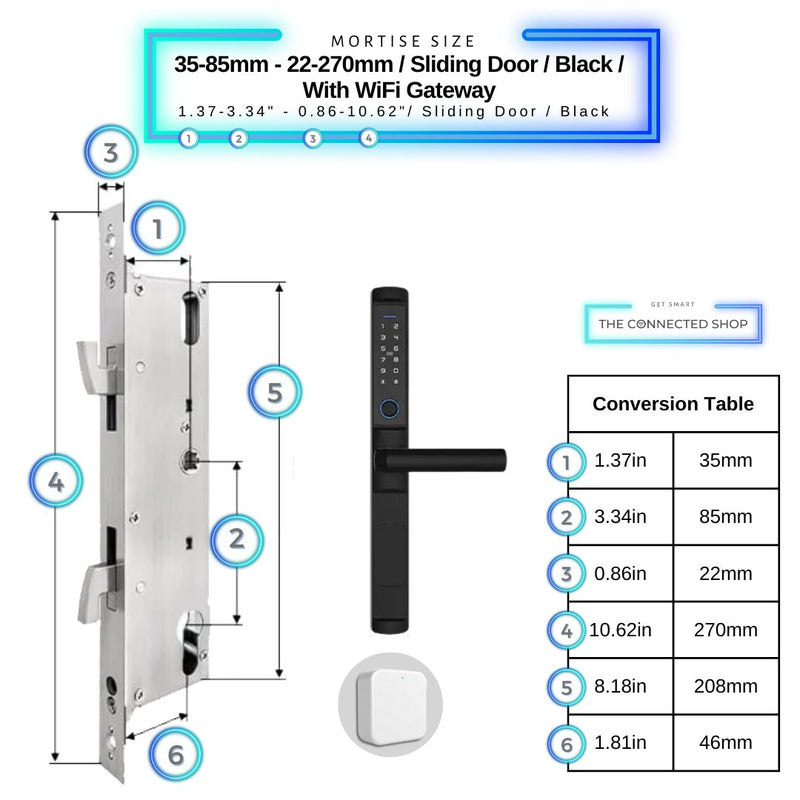 Sliding Door Smart Lock - 35-85mm (22x270mm) Sliding Door - Black - With Gateway