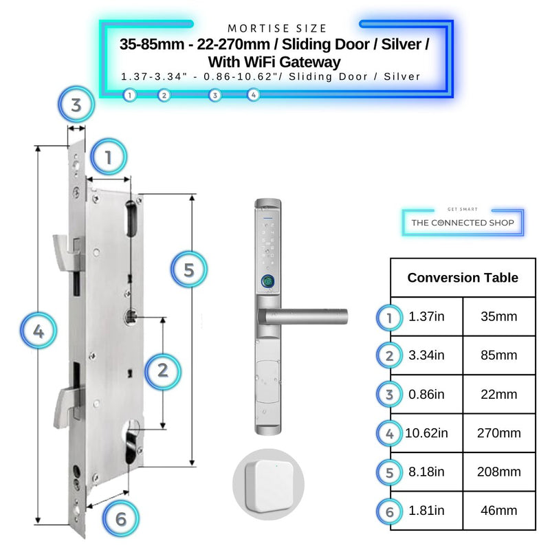 Sliding Door Smart Lock - 35-85mm (22x270mm) Sliding Door - Silver - With Gateway