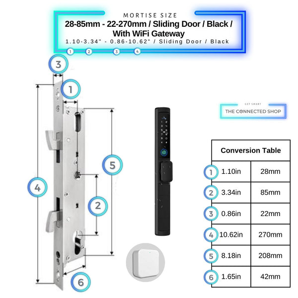 Sliding Door Smart Lock Knob - 28-85mm (22x270mm) Sliding Door - Black - With Gateway