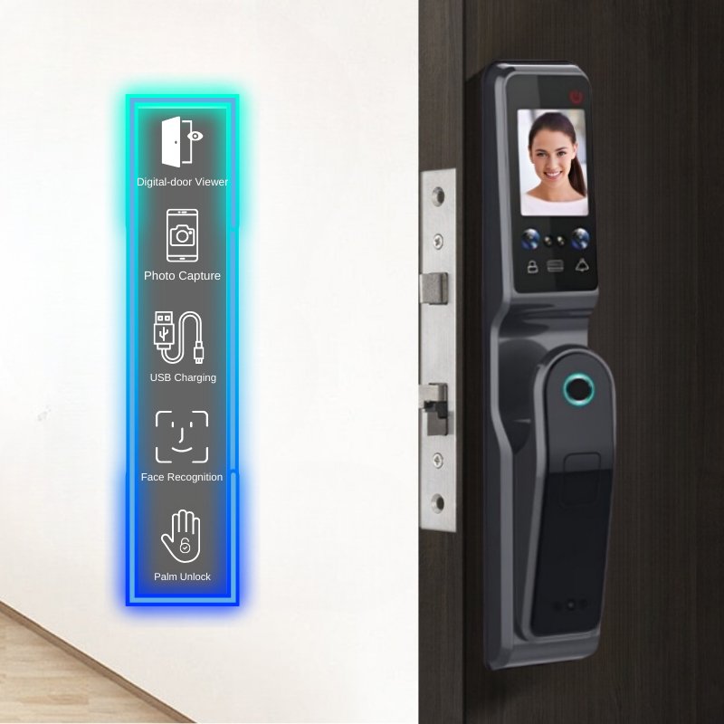 Smart Door Lock Face Recognition Dual Screen - Black - 60-68mm (24x240mm) -