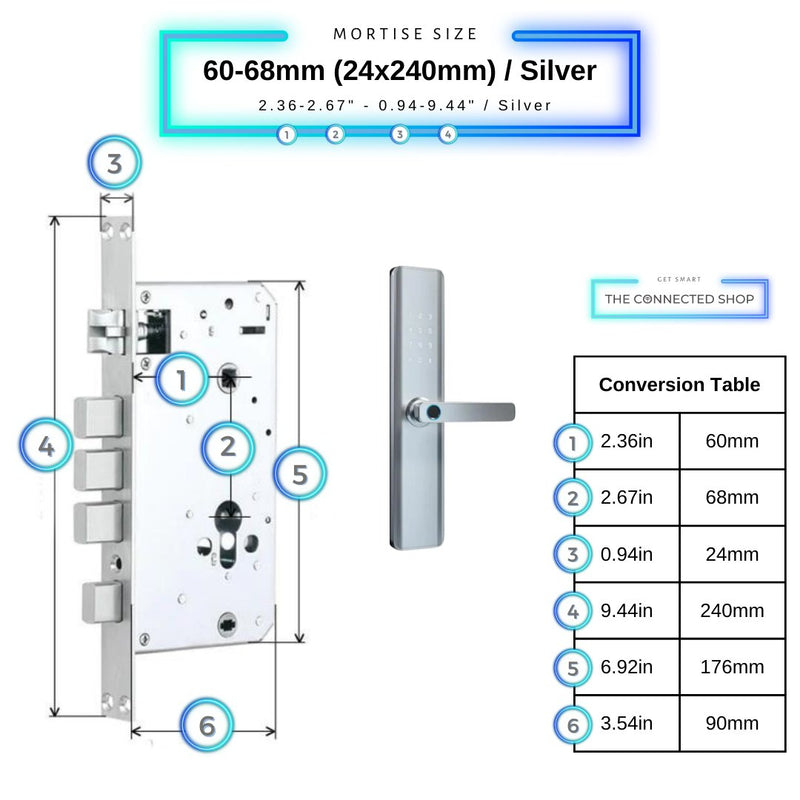 Smart Door Lock Thick - 60-68mm (24x240mm) - Silver - No WiFi Gateway