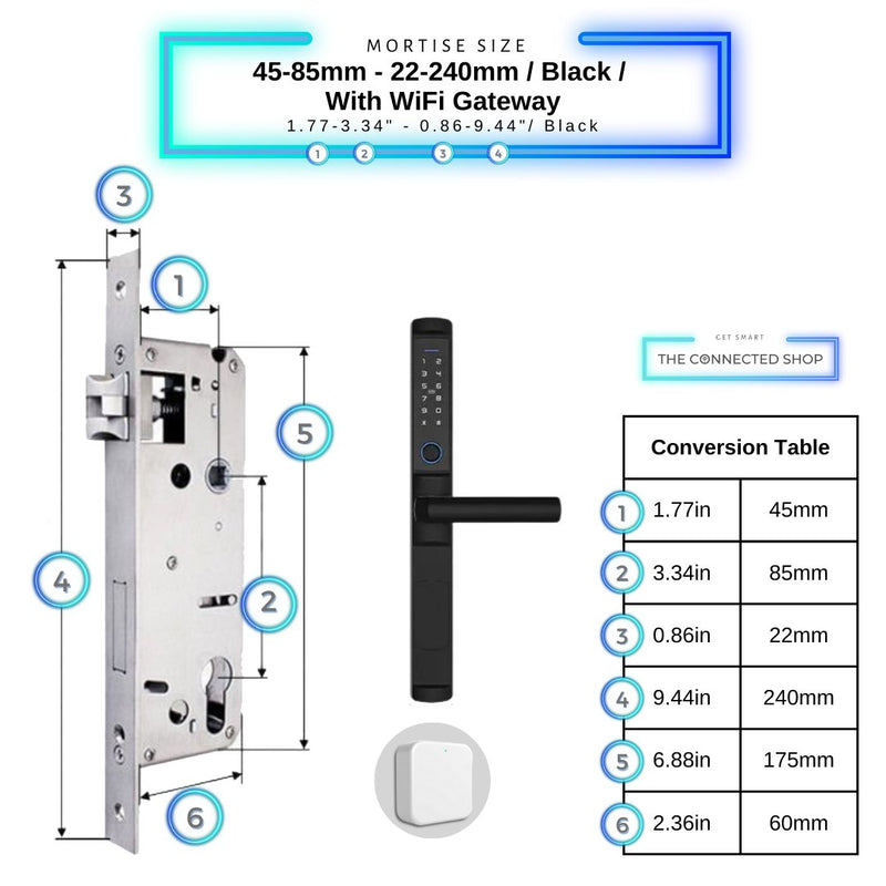 Swing Door Smart Lock - 45-85mm (22x240mm) - Black - With Gateway