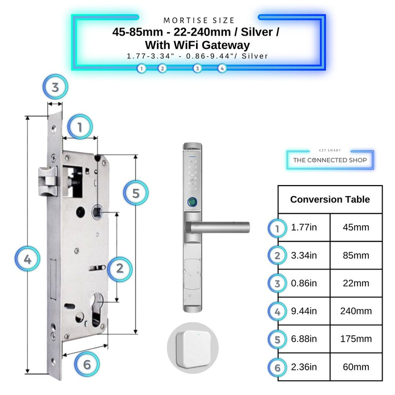 Swing Door Smart Lock - 45-85mm (22x240mm) - Silver - With Gateway