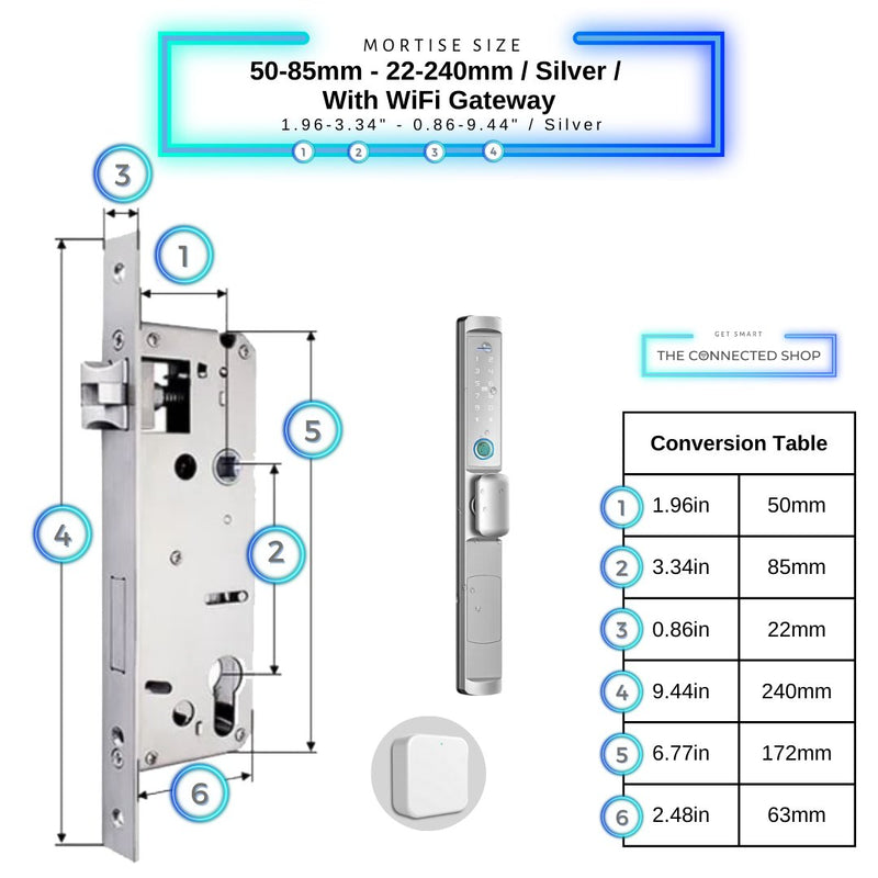 Swing Door Smart Lock Knob - 50-85mm (22x240mm) - Silver - With Gateway